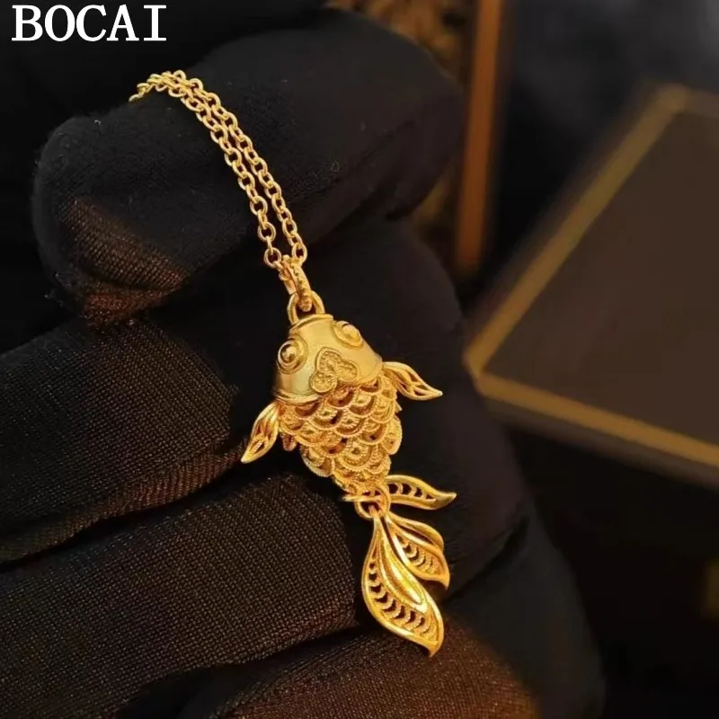 

BOCAI S925 Sterling Silver Luxury Filigree Carp Pendant Hollowed out Design Light Weight Niche Jewelry