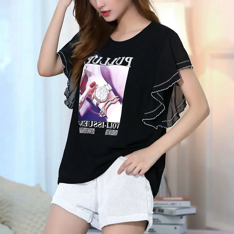 Women's Clothing Stylish Printed T-shirt Letter Korean Butterfly Sleeve Casual Ruffles Spliced Summer New Loose O-Neck Pullovers