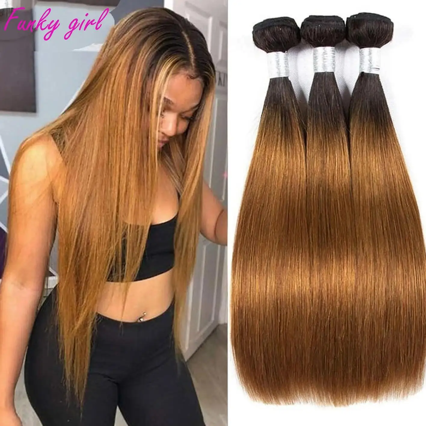 Funky Girl 32 Inches Brazilian Straight 1B/30 Weave Bundles 100% Real Human Hair Bundles Ombre Straight Hair 3/4 Pcs Extensions