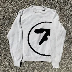 Women's Y2K Style Streetwear White Aphex Twin Sweater Japanese Anime Knitted Sweater Gothic Autumn Casual Loose Cotton Pullover