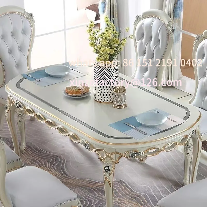 

Customizable French dining table and chairs Light luxury wood European combination flower rectangular Home villa chairs