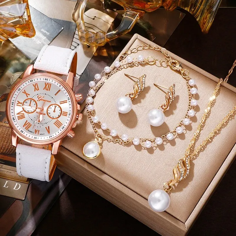 Womens Fashion Watches Luxury Rhinestone Necklace Bracelet Earrings Set Elegant Causal Wristwatch Quartz Watch For Ladies Clock