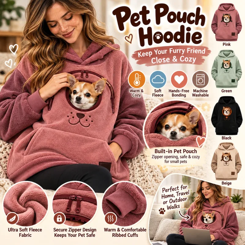 Fleece Pet Carrier Hoodie Unisex, Loose Warm Sweatshirt Dog Cat, Face Print Kangaroo Pocket Pullover, Winter Casual Gift Coat