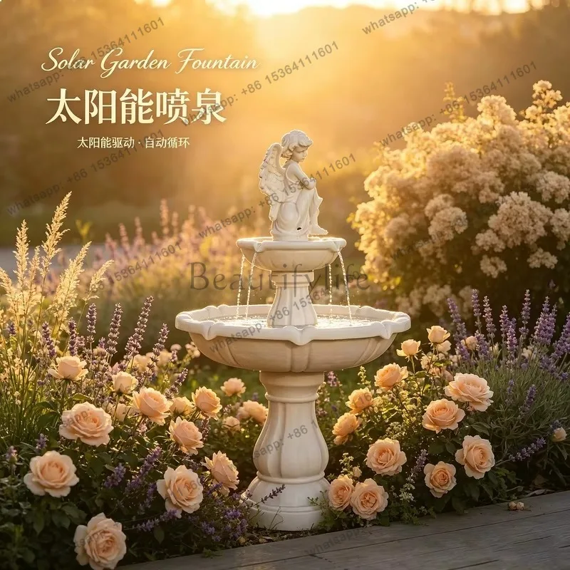 YJ 1.43m European Angel Fountain Solar Powered Garden Water Feature Outdoor Courtyard Decoration