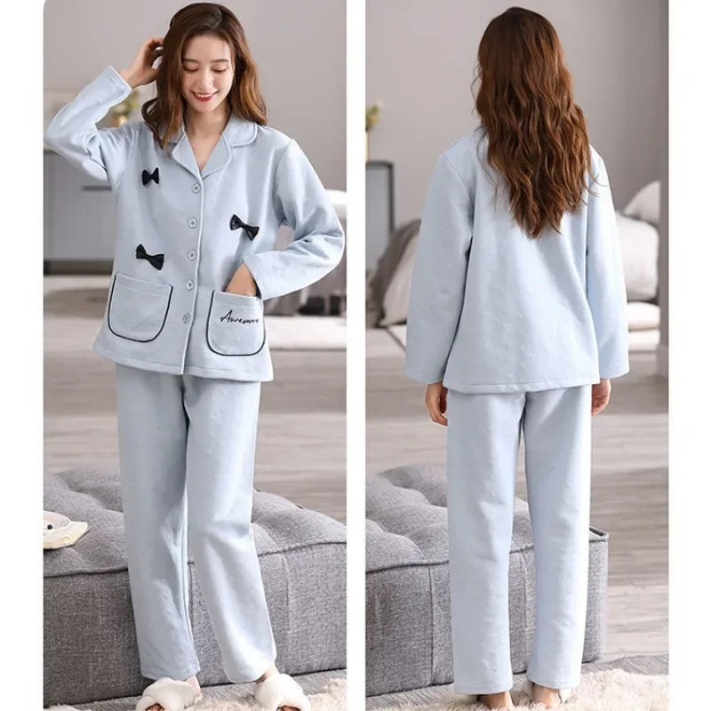 2024 New Autumn Winter Women's Pajamas Three Layers Pure Cotton Thickened Warm Air Cotton Interlayer Thin Cotton Set Homewear