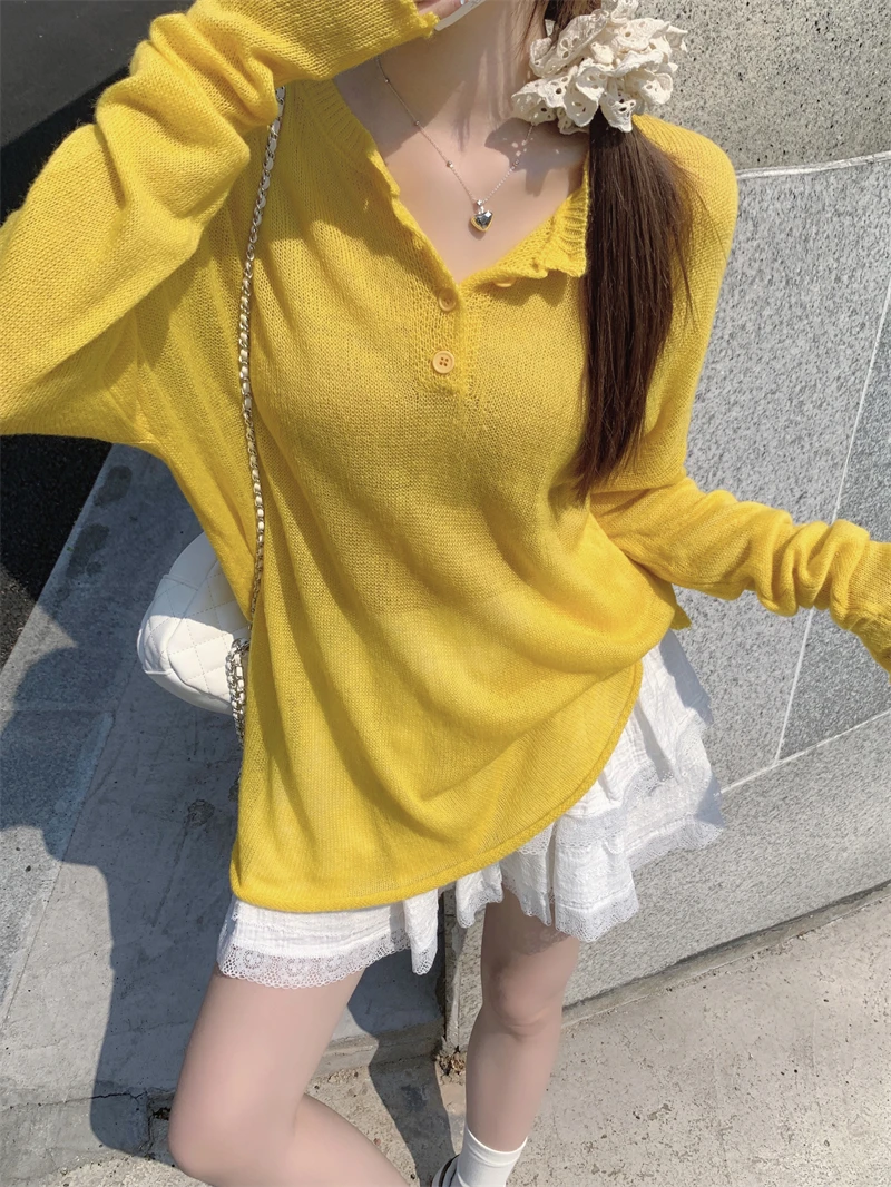 Rolled Edge Top Women Slightly Transparent Long Sleeve Sweater Thin Loose Spring Summer New Blouse