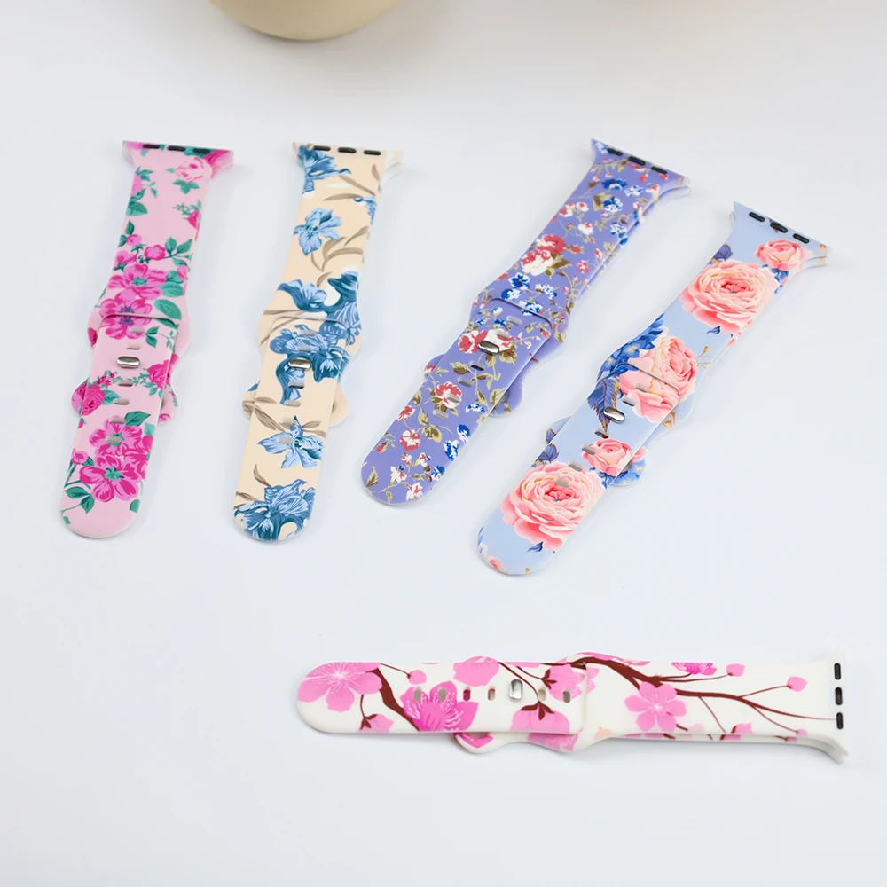 Silicone Loop Band for Apple Watch Serie 9 8 7 6 5 4 SE Ultra Floral Printed Strap Bracelet IWatch 49mm 45mm 44mm 42mm 41mm 40mm