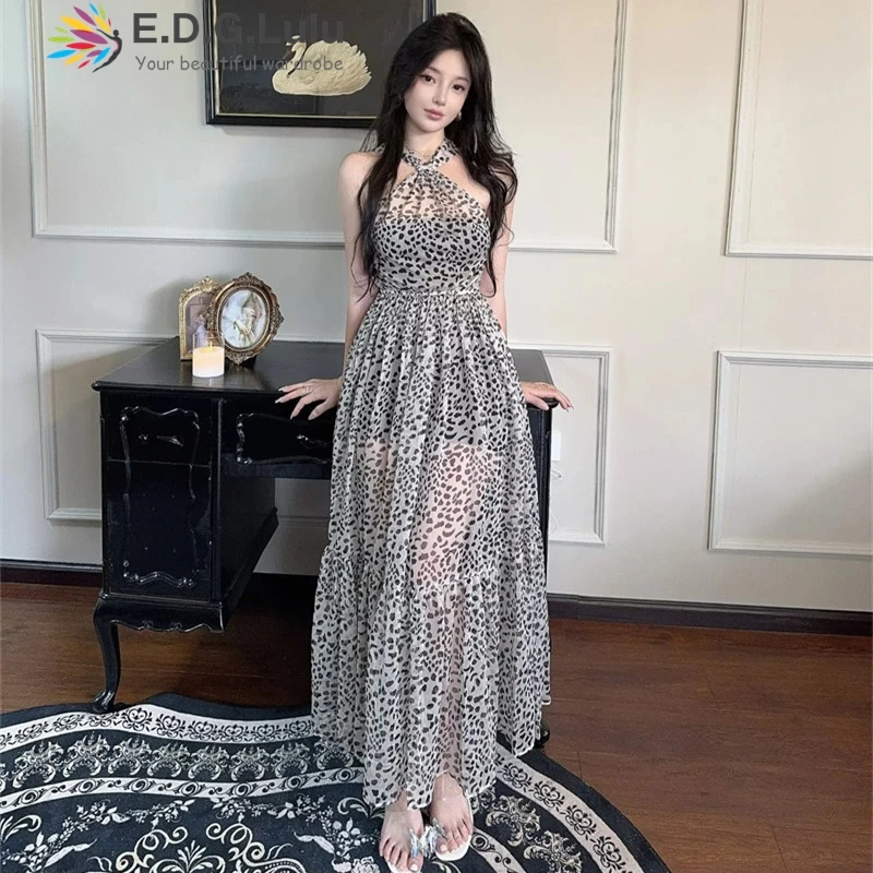 

EDGLuLu Halter Sleeveless Leopard Print Dress Sweet Leisure Seaside Holiday Party Dresses Woman Bohemian Loose Long Dress 0702