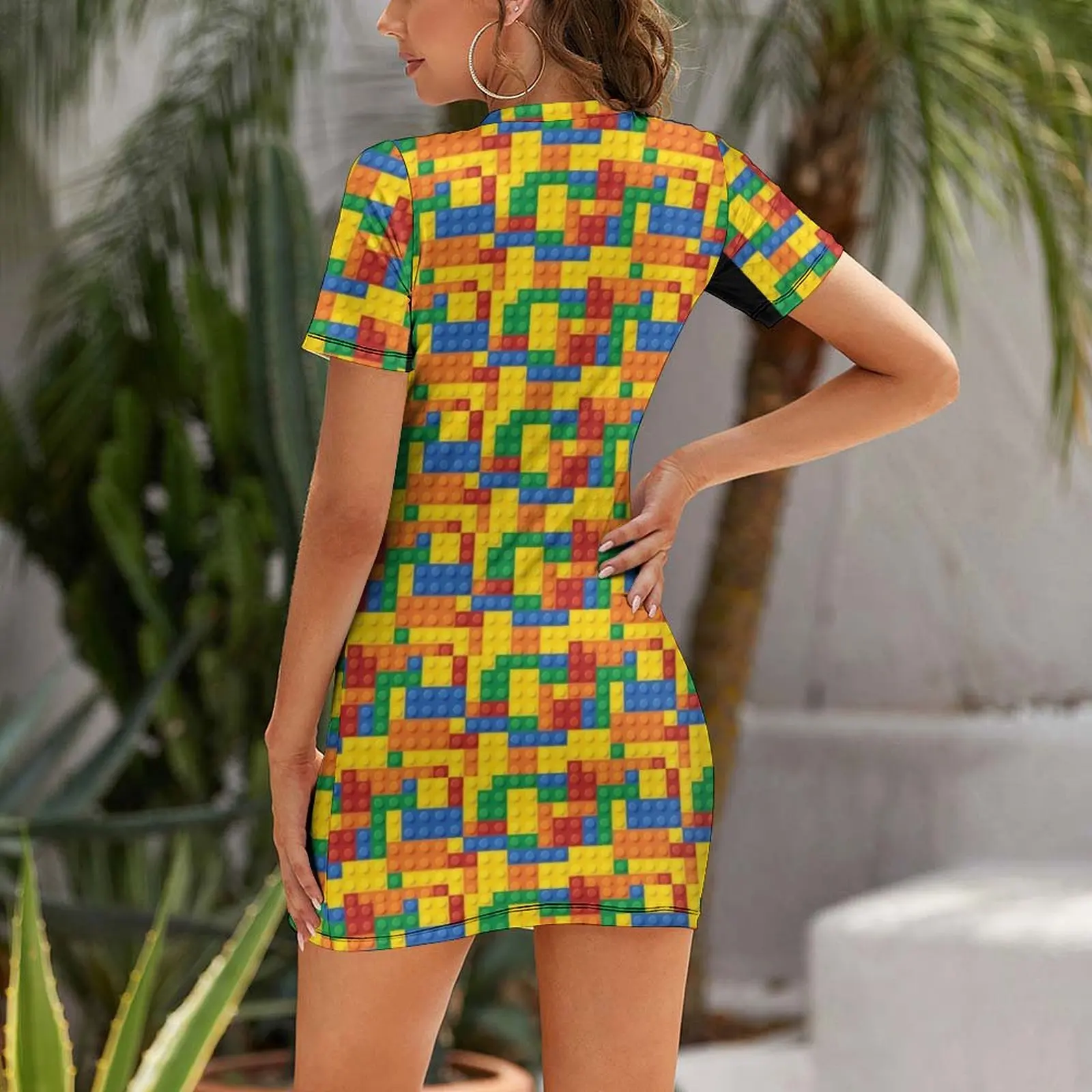 Color Building blocks Short Sleeved Dress Women's summer suit long sleeve dress summer dress