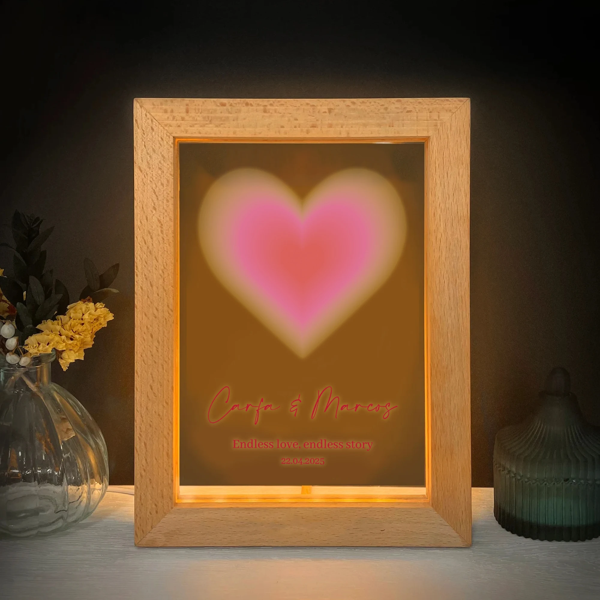 2D شقة مخصصة اسم الحب LED الاكريليك ضوء الليل إطار صور خشبي 21x17 سنتيمتر الكرتون الأطفال غرفة نوم الهدايا ديكور المنزل