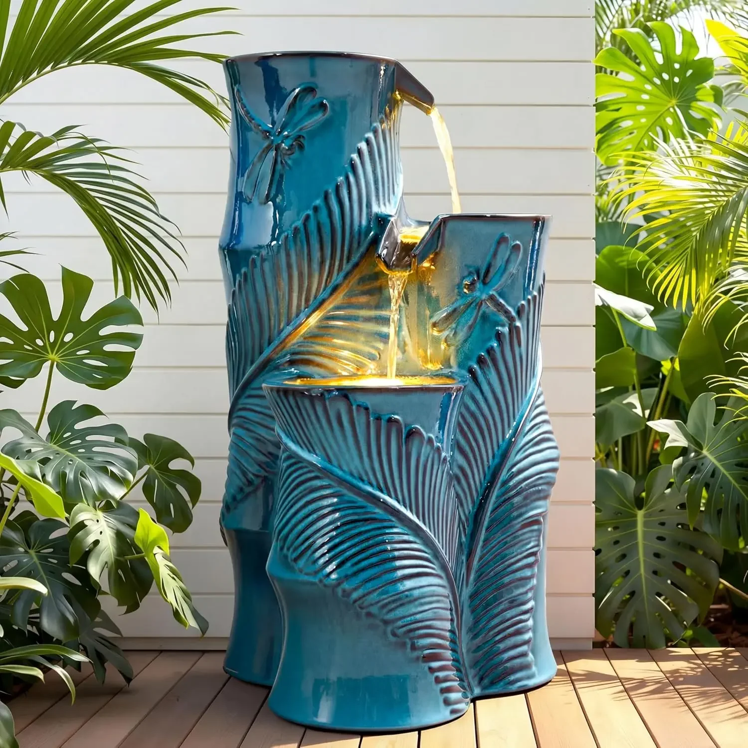 Autodaya Tropical Turquoise Ceramic Outdoor Water Fountain with Lights | 3-Tier Bamboo-Style Cascading Waterfall Feature