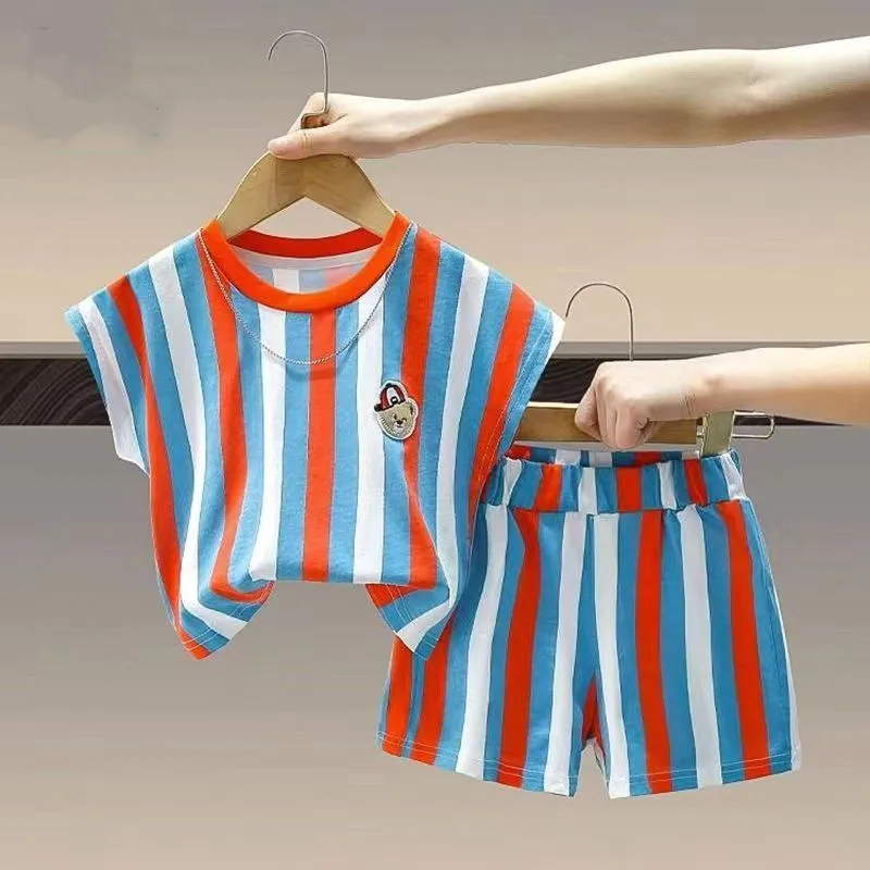 Boys New Summer Two Piece Set Children's Baby Sweetheart Set Children's Stripe Cartoon Tank Top 2 Pcs Kids Outfits