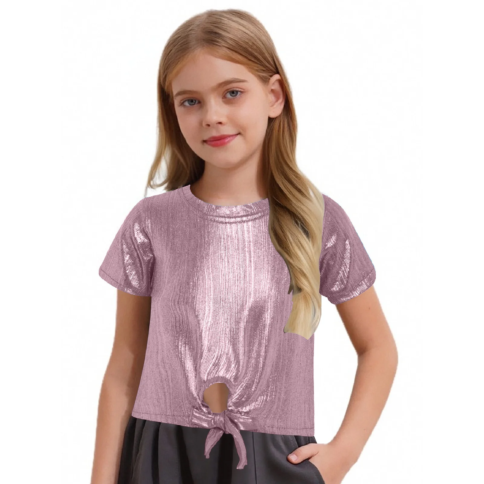 

Kids Girls Shirts Jazz Dance Tops Metallic Short Sleeve Lace-up Keyhole Hem T-shirt for Hip-Hop Street Dance Performance Costume
