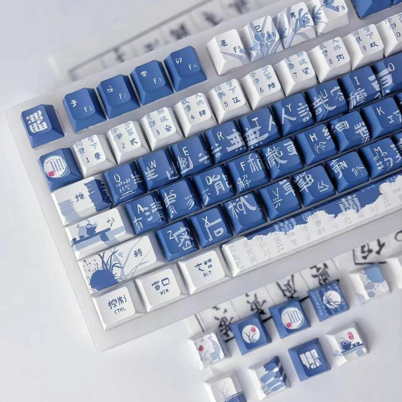 Chinese Style Theme Keycaps Custom PBT Cherry/FOA Profile Keycap1 36keys Point Blue and White Key Caps for Wooting Keyboard