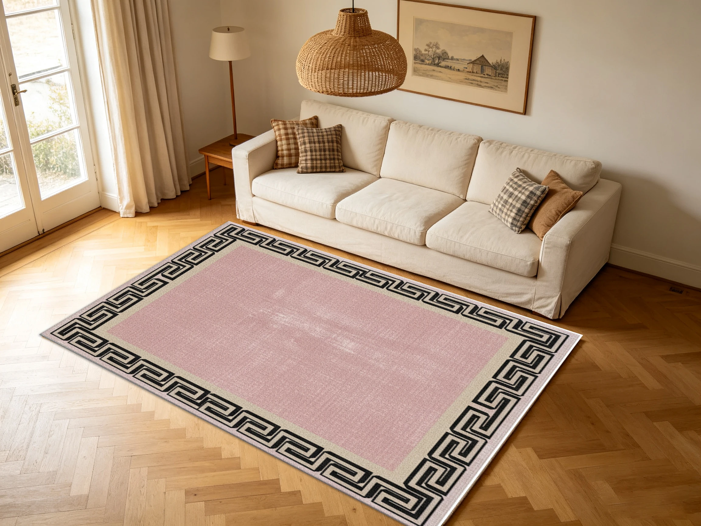 Pink Greek Key Border Area Rug, Minimalist Geometric Carpet Flooring for Living Room Bedroom Indoor Home Decor