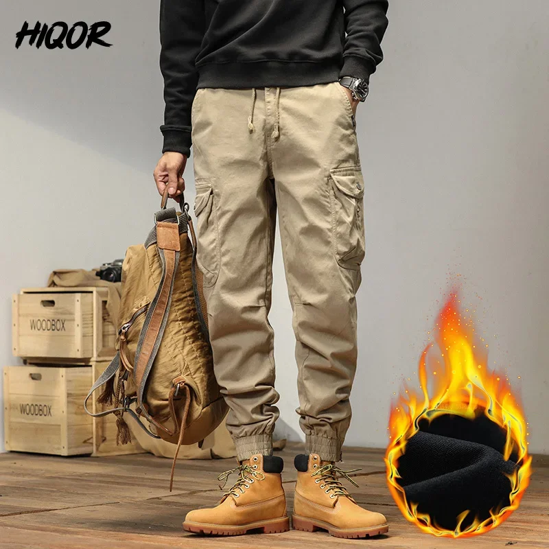 HIQOR 2024 New Cargo Pants Men Winter Man Y2k Harem Tactical Pants for Men Outdoor Fleece Multi-Pockets Cotton Casual Trousers