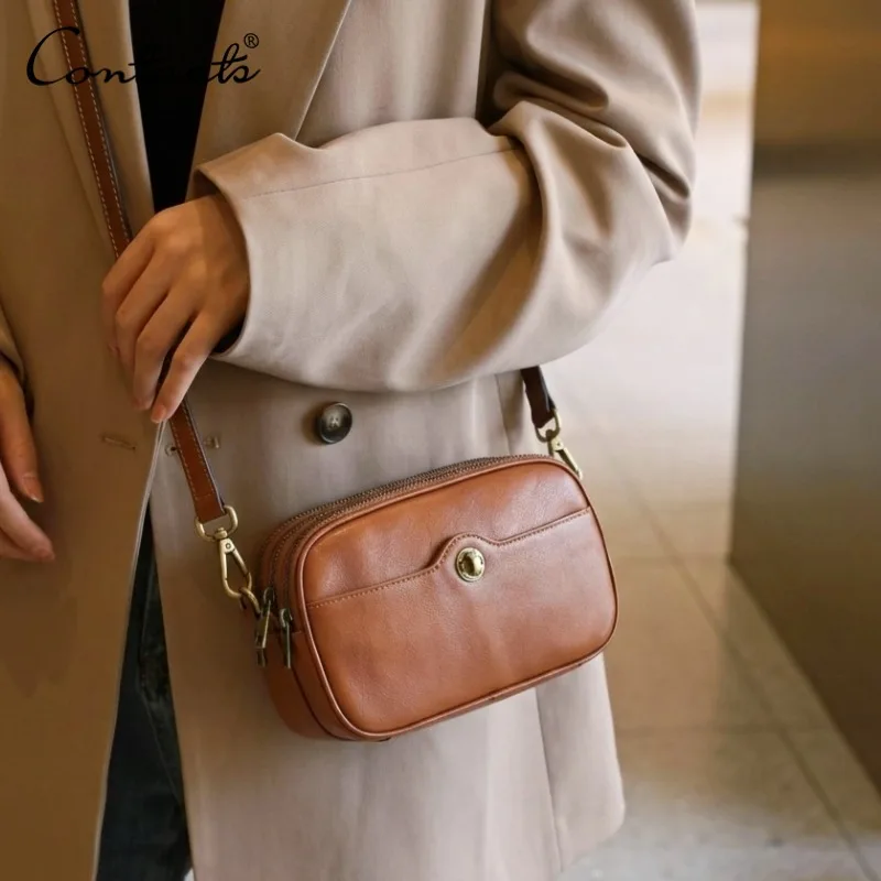 CONTACT’S Original Shoulder Bag 2026 Summer NEW Luxury Designer Genuine Leather Women's Small Camel Zip Phone Bag