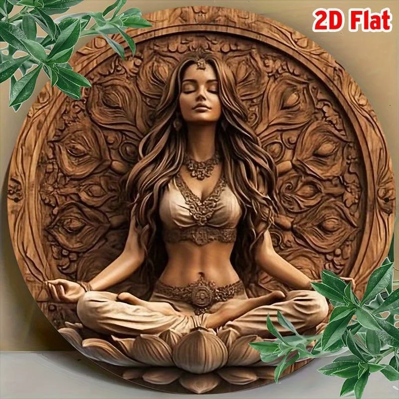 2D Flat, 2D Flat 1pc Vintage Yoga Meditation Round Wreath Sign - 20.32X20.32 cm Aluminum Wall Art with Serene Woman in for Lotus