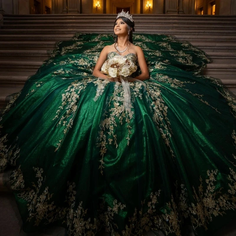 Emerald Green Quincenara Dress 2024 Mexico Gold Lace Beads Vestidos De 15Años Quinceañera XV Brithday Sweet 16 Dresses Ball Gown