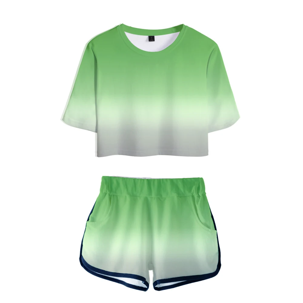 

Colorful Gradient Two Piece Set Sport suit Short Sleeve Crop Top + Shorts Suits Women Tracksuit Two Piece Outfits