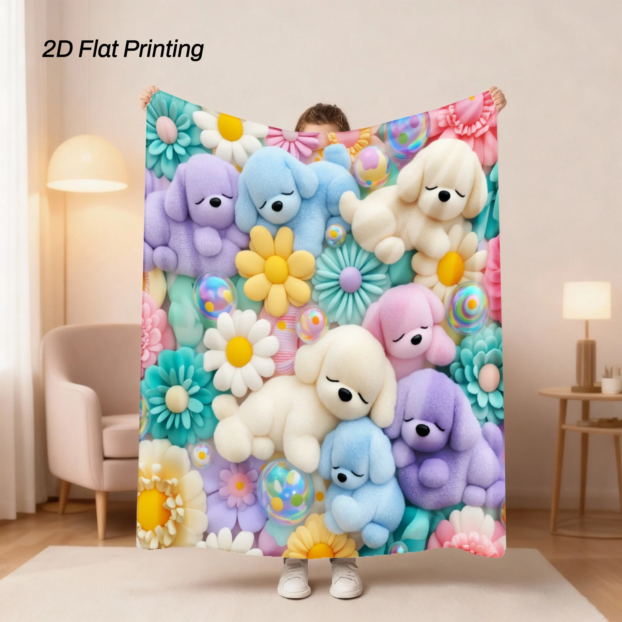 1 pezzo, coperta decorativa morbida e calda, con stampa di un simpatico cucciolo di cane in stile cartone animato, colorata e piatta, ideale per l’uff