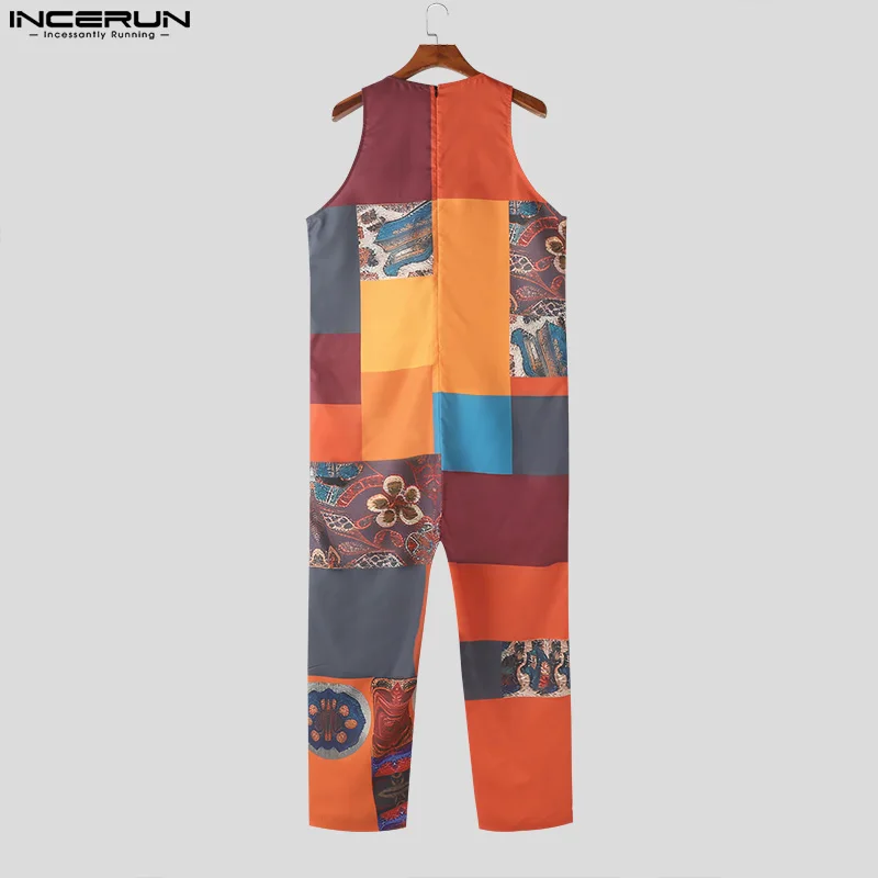 INCERUN Men Jumpsuits Ethnic Style Printing O-neck Sleeveless Casual Rompers Streetwear Summer Loose 2024 Vintage Male Overalls