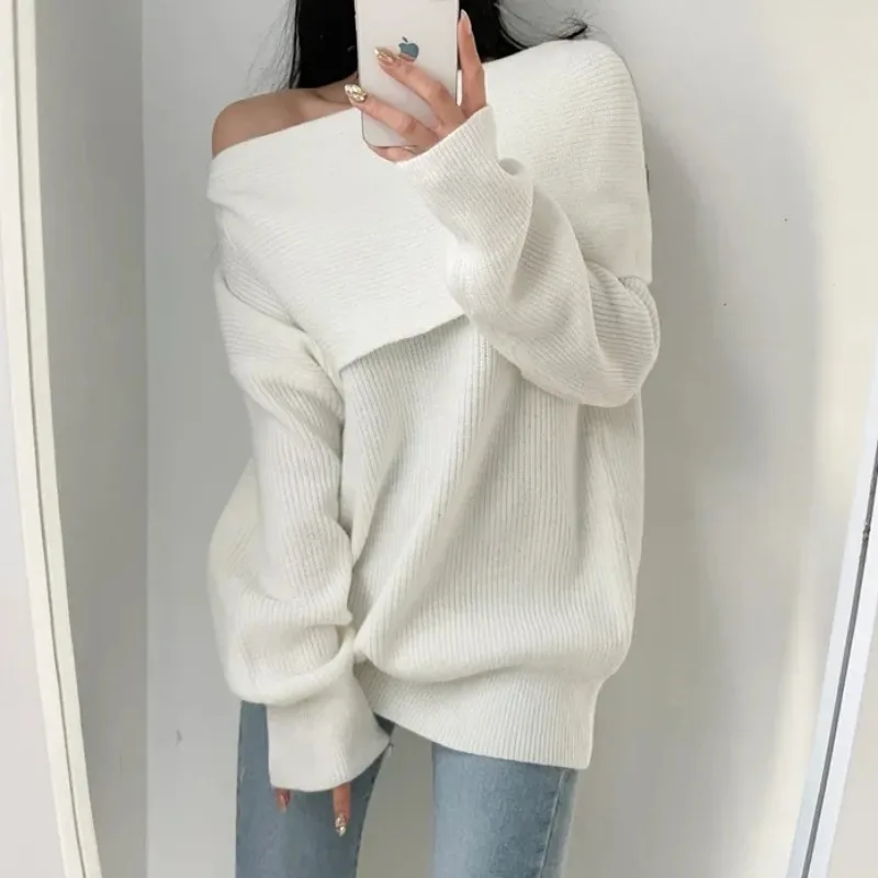 Sexy One Shoulder Short Knit Pullovers Women Fall Winter American Thickened Long Sleeve Sweater Tops 3 Colors