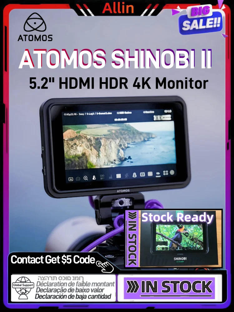 Atomos SHINOBI II Monitor 5 inch 1500nit HDMI 4K HDMI Cable - Compatible, and HD video input Atom HDR Display