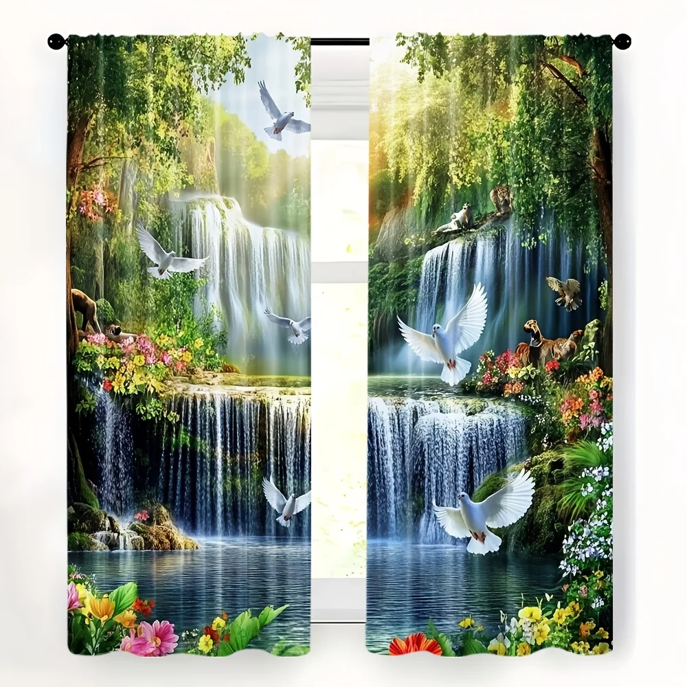 

2D FLAT 2pcs Curtains Waterfall Forest Birds Flowers Nature Perfect for Balcony, Bedroom, Study, Living Room, Suitable for Sprin