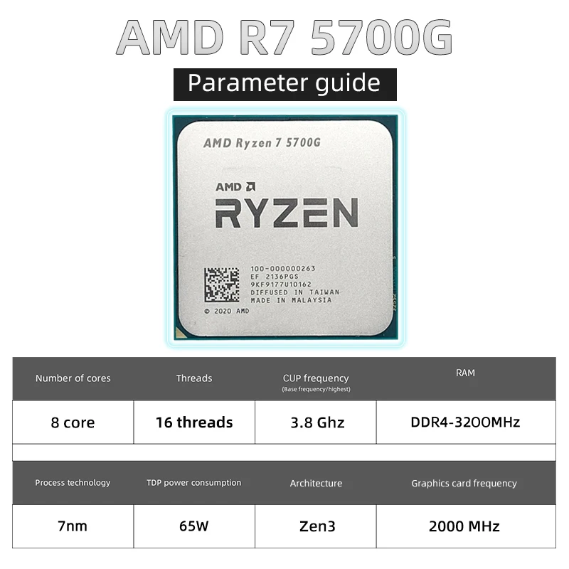 AMD Ryzen 7 5700G R7 5700G 3.8GHz ثماني النواة 16-الموضوع 65 واط معالج وحدة المعالجة المركزية L3 = 16 متر 100-000000263 المقبس AM4 جديد ولكن لا مروحة