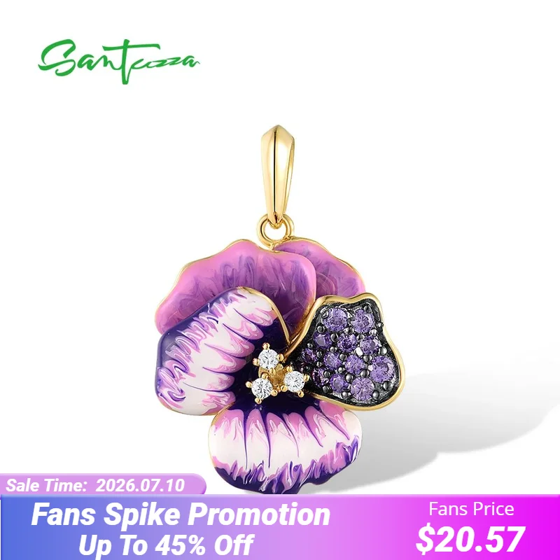 

SANTUZZA Real 925 Sterling Silver Pendant for Women Sparkling Amethyst Cubic Zirconia Enamel Flower Chic Party Gift Fine Jewelry