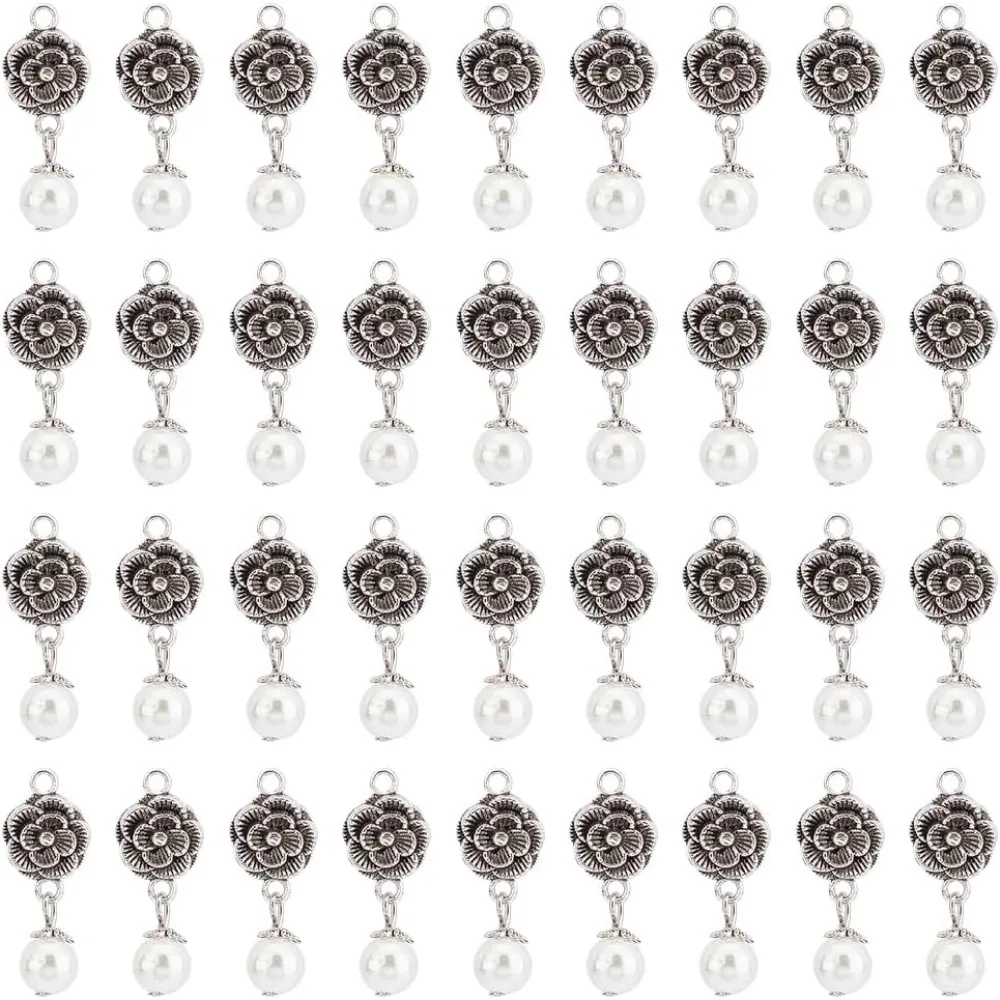 36pcs Immitation Pearl Pendants, Flower Dangle Pendants Alloy Rose Charms with Pearl Beads Round Drop Beads for Dangle