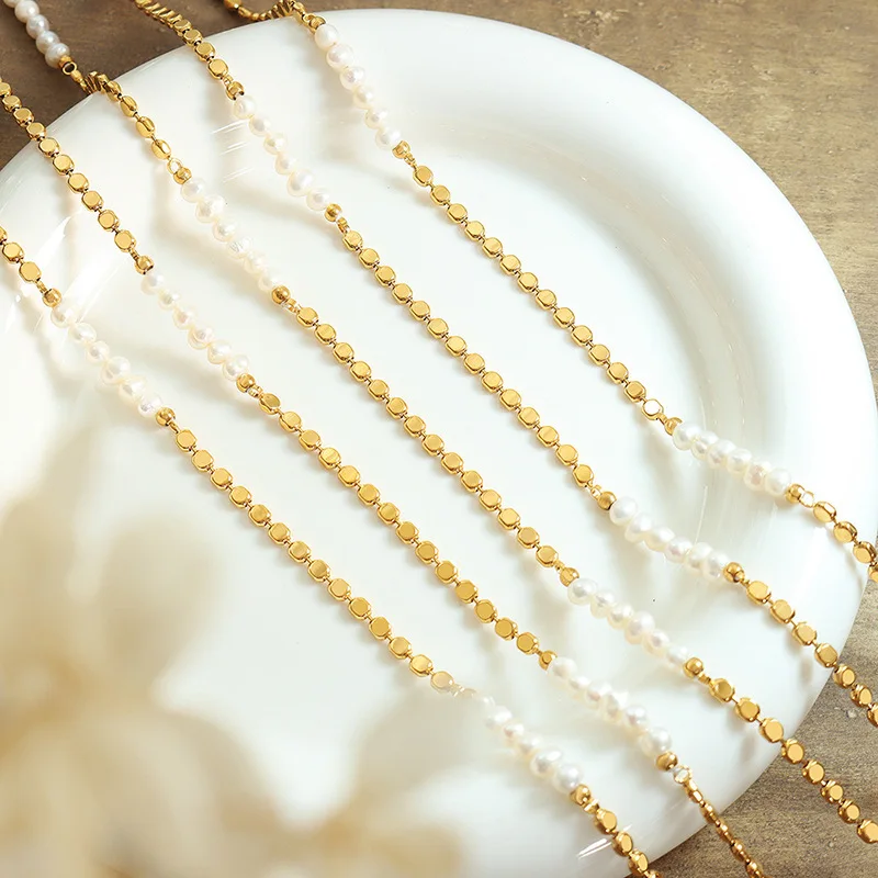 Heißer Verkauf Trendy Flache Gold Perlen Natürliche Süßwasser Perle 14K Gold Gefüllt Damen Kurze Kette Halskette Geburtstag Geschenke Kein verblassen – Detail 3