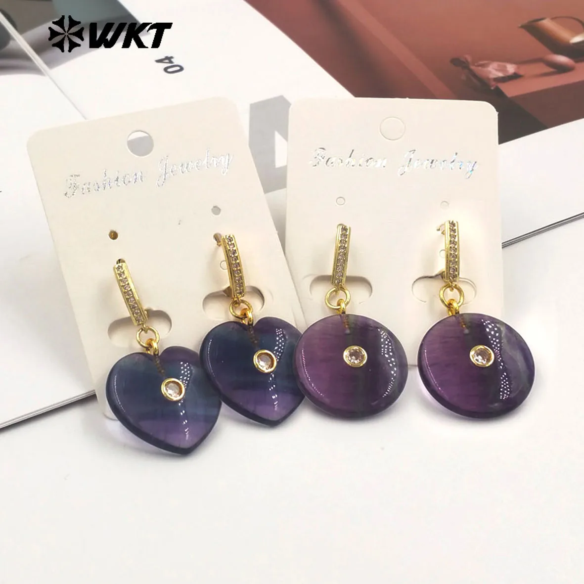 WT-E808 Lovely Gold Plated Natural Rainbow Fluorite Stone Heart Round Shape Earrings For Girlfriend Valentine's Day Gifts