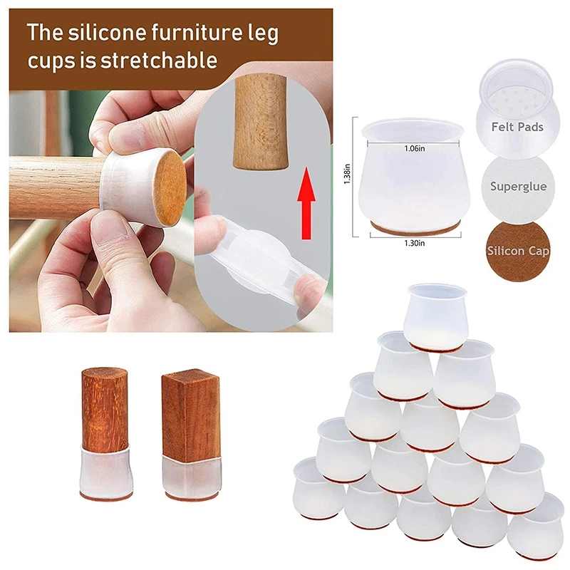 Silicone Chair Leg Caps with Felt Pads - Free Moving Table Leg Covers, 16 Pcs Stool Leg Protectors - Transparent White