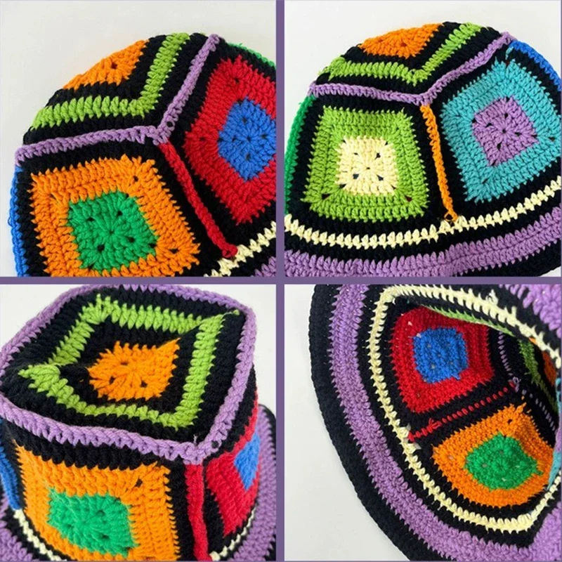 Women Muticolor Crochet Korean Handmade Bucket Hat Women Weaving Knitted Hat Y2k Fashion Flowers Autumn Winter Beanies Basin Cap