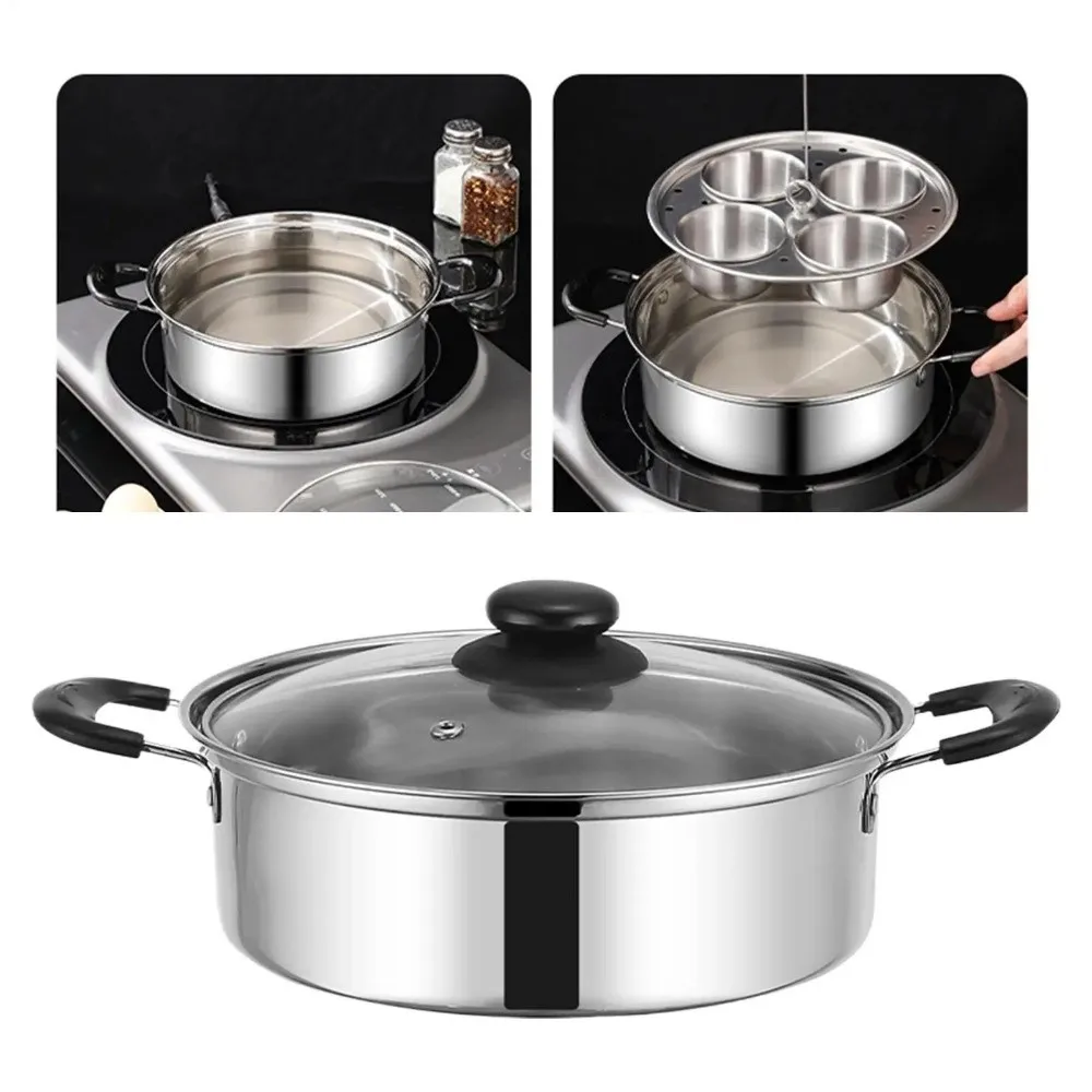 Stainless Steel Non-Stick Egg Poacher Pot With 4 Cups Rust Resistant Multi Purpose Steamer with Steaming Grid Thickened Soup Pot