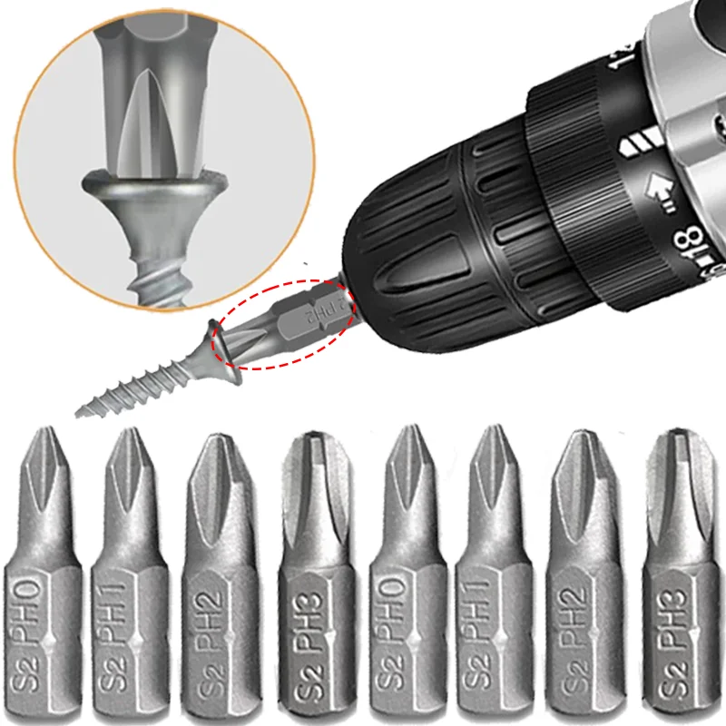 

25 мм противоскользящие магнитные отвертки S2, набор ударных сверл со стальным шестигранным хвостовиком, электроинструменты PH0 PH1 PH2 PH3