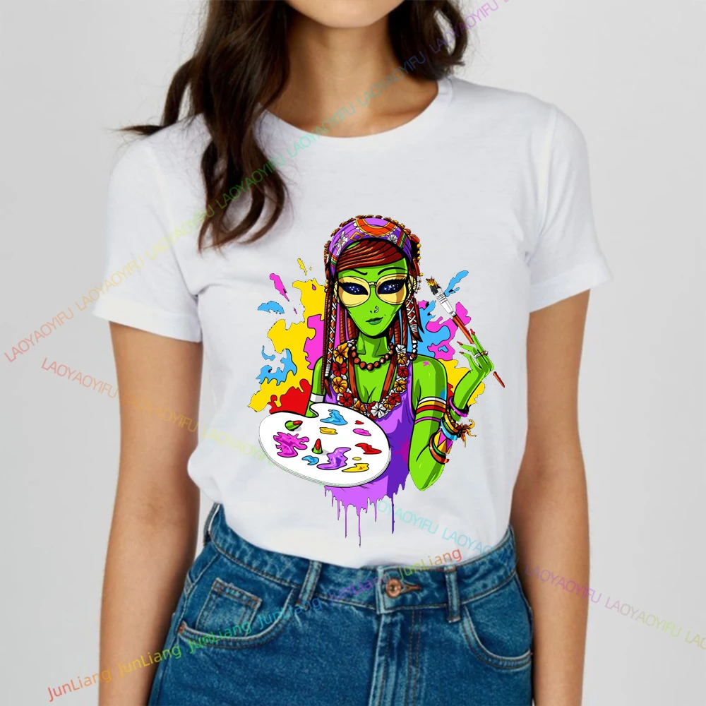 Summer Y2k Women's Clothing Offers Aliens Cartoon Short Sleeve Youthful Woman Clothes Loose Casual 100% Cotton Harajuku Fashion