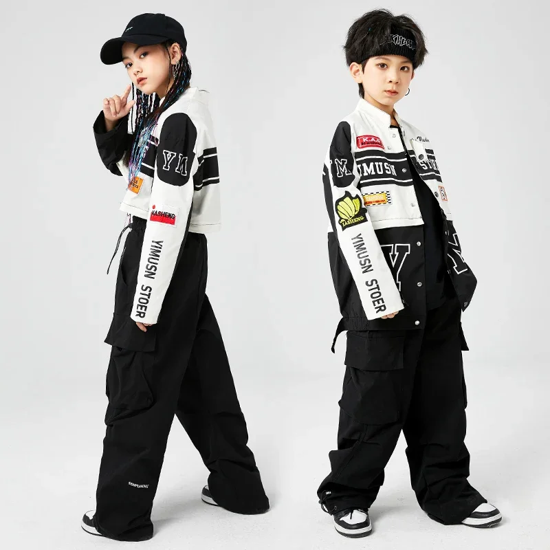 Bambini Kpop Hip Hop che mostrano abbigliamento Cappotto da baseball per moto Pantaloni cargo neri per ragazza Ragazzo Jazz Kpop Costume da ballo Abbigliamento