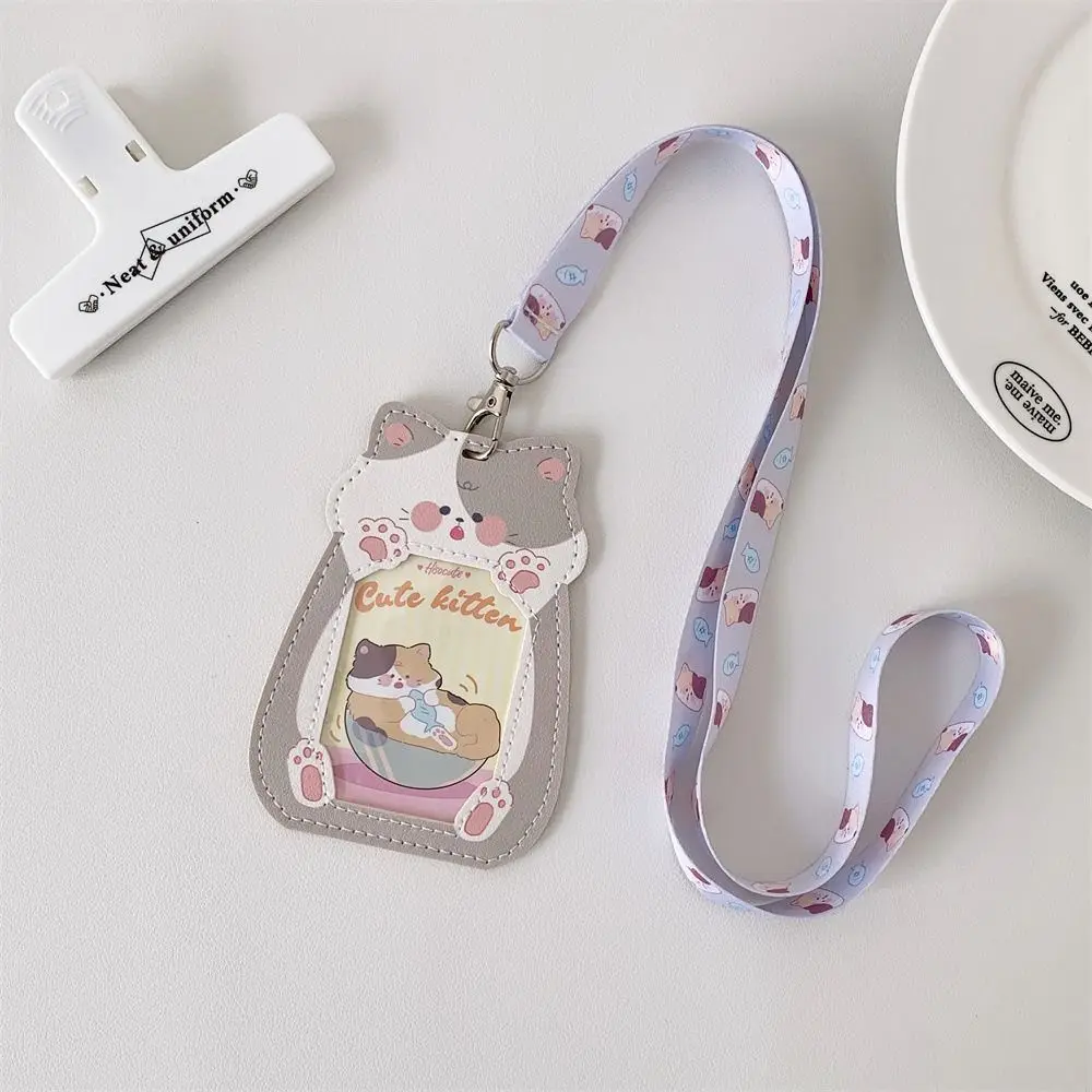 Tempat kartu foto berbentuk kucing kartun PU Fashion dengan Lanyard casing pelindung foto kualitas tinggi tempat kartu penutup kartu tempat kartu ID