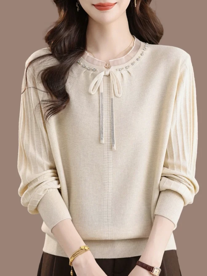 Ouleブランド レディース カメレセーター レース編みウールトップ ベルト付き カジュアル スタイリッシュ ソフト ラビットファーブレンド ロングスリーブ 暖かい