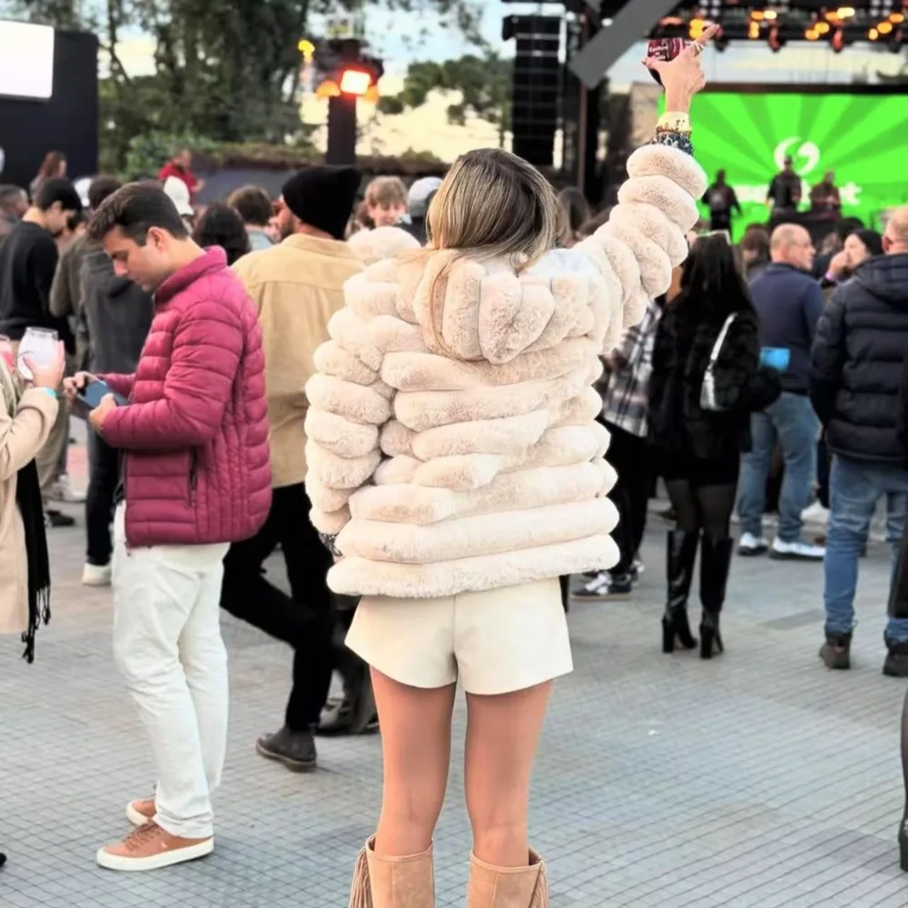 Winter Loose Fur Feather Overcoat for Women Hooded Luxury Patchwork Fluffy High Waist Warm Outwear Female Fur Feather Coat 2025