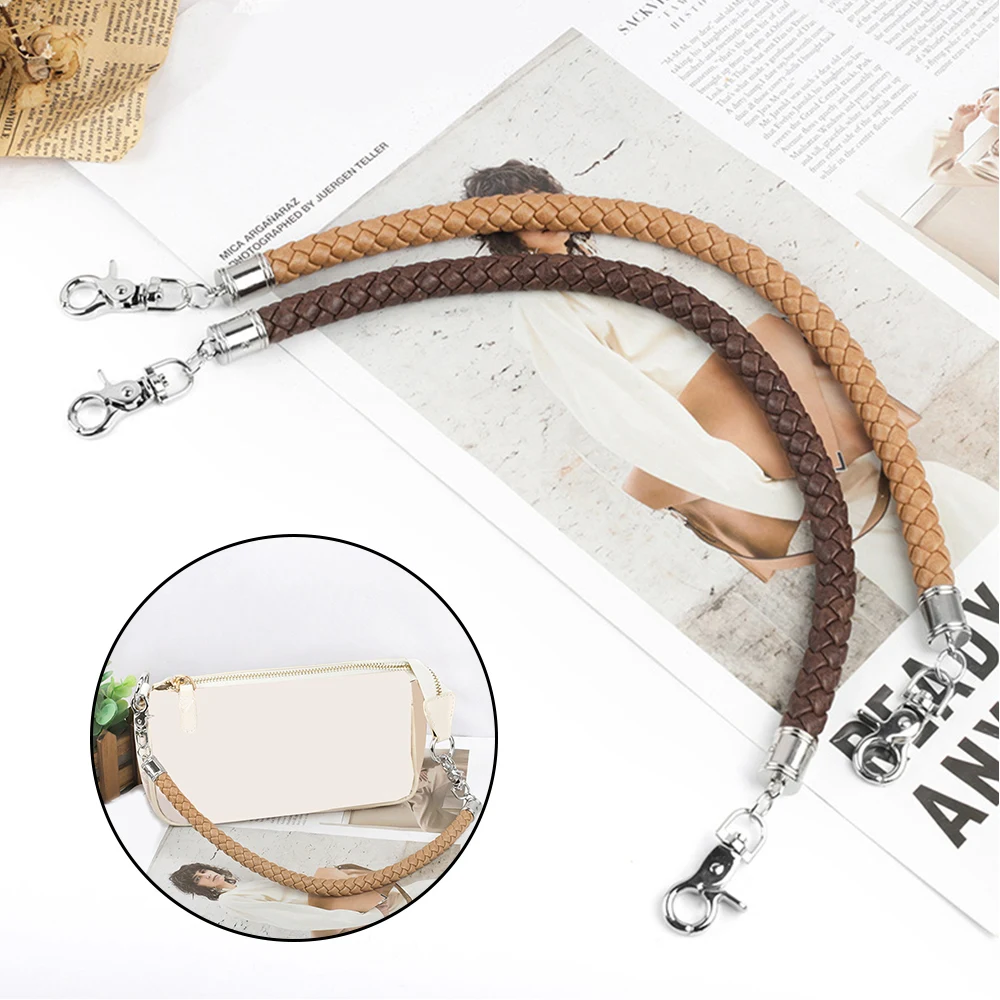 PU Leather Bag Handle 45cm Braided Rope Handles Handbag Shoulder Bag Strap DIY Detachable Accessories Silver Metal Hook Buckle