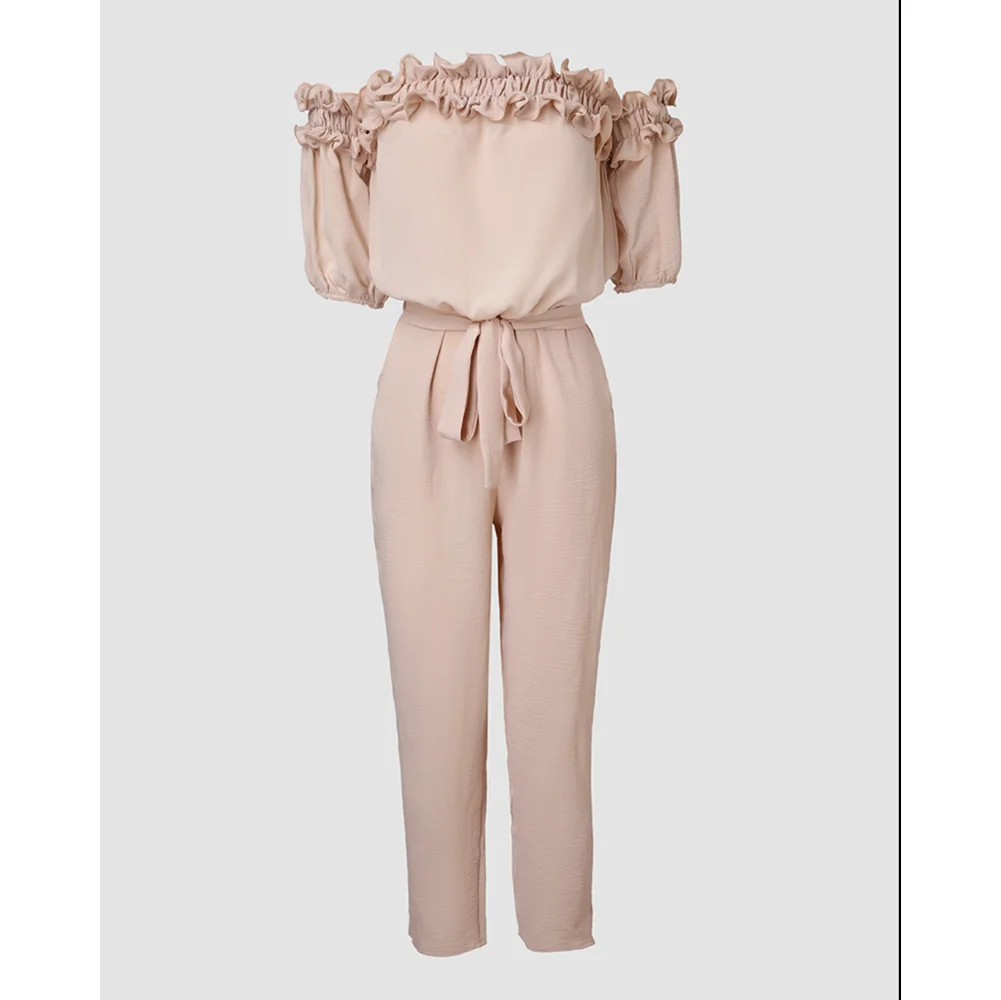 Women Off Shoulder Frill Hem Tied Detail Jumpsuit Short Sleeve Overalls Summer Female One-piece Casual Pocket Decor Outfits y2k