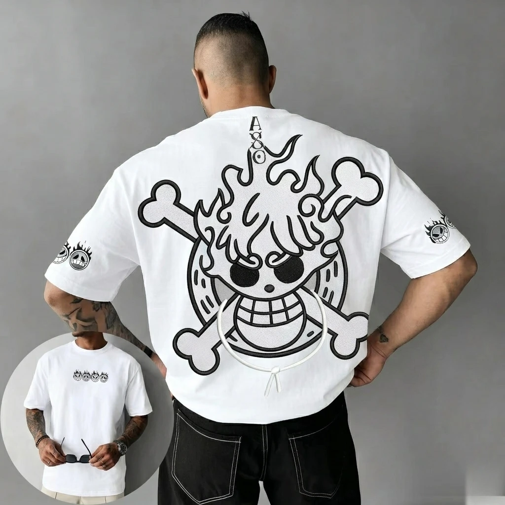 Vintage One Piece Luffy Nika Gear 5 Print T-shirt Men Casual Oversized Cotton Tee Summer Harajuku Streetwear Anime Unisex Tops