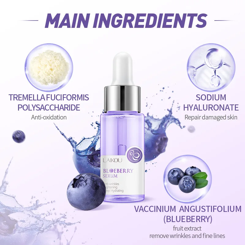 LAIKOU 17ml Hyaluronic Acid Facial Serum Nourishing Moisturizing Brightening Essence Blueberry Hydration Skin Care Serums