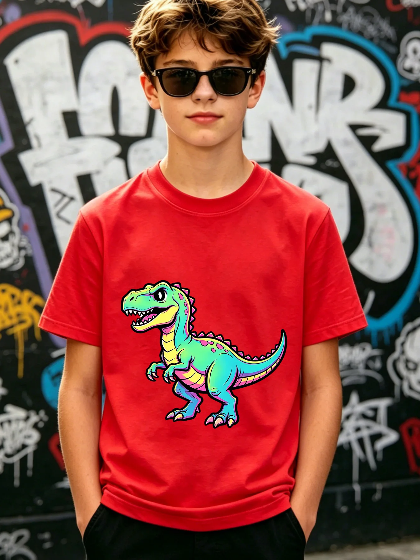 Cute Neon Cartoon Dinosaur Print Kids Short Sleeve Tees Soft Casual Tops For Boys Girls Toddlers Summer Daily Outfits