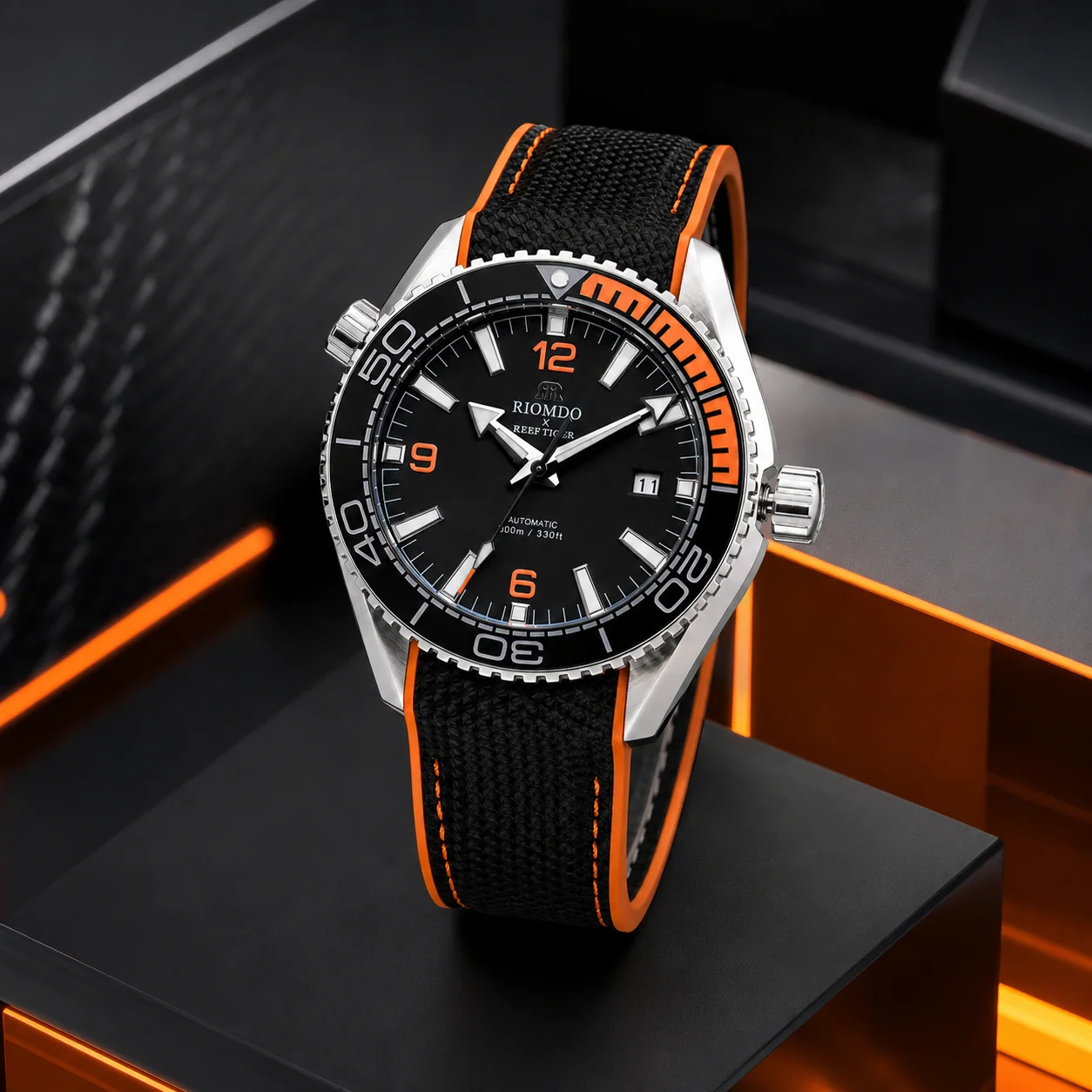 RIOMDO Men's Ocean Watch Automatic Mechanical Wristwatch RD-513 100m Waterproof Orange-Black Bezel Black Dial Open Caseback