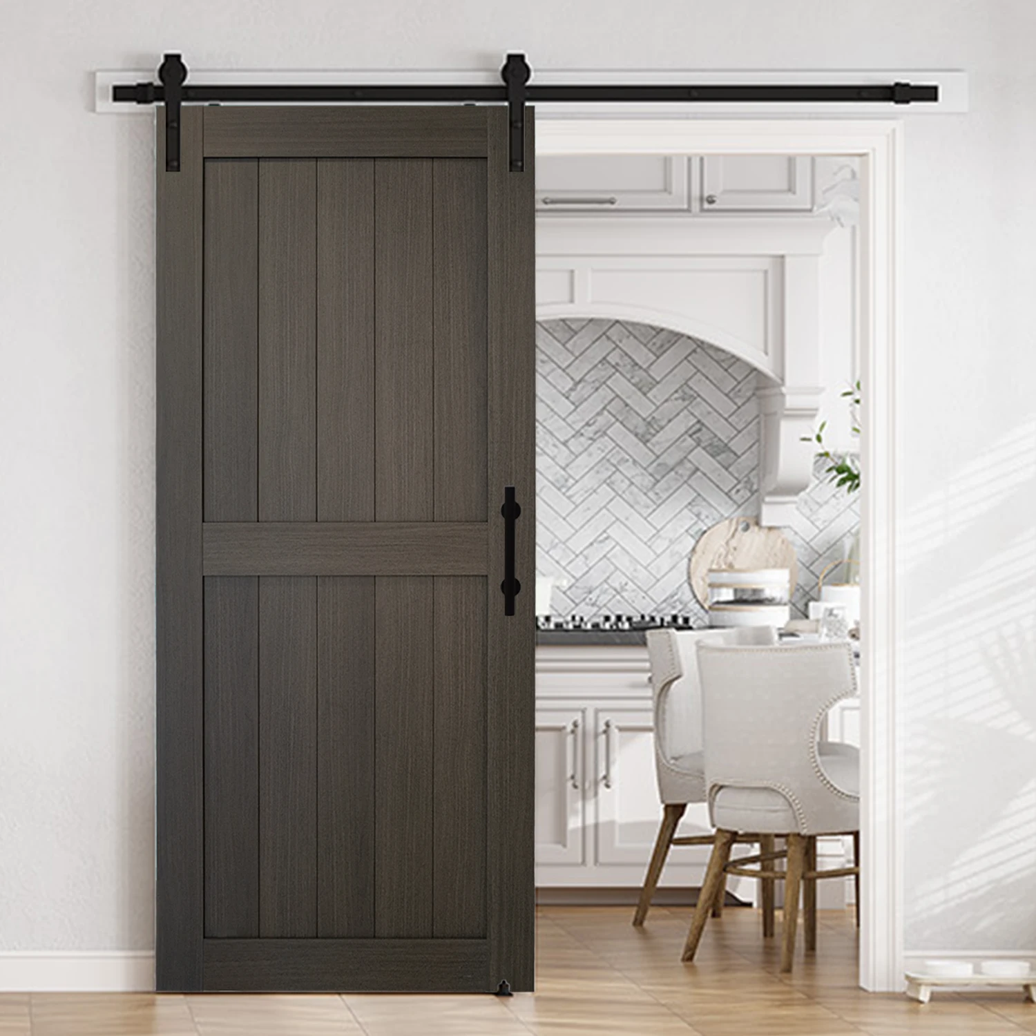 

36in x 84in Barn Door with 6.6FT Sliding Hardware Kit, Dark Gray Slide Door PVC-Coated Slab with Water Resistant Surface